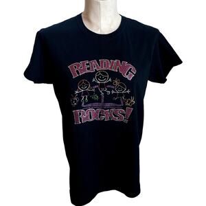 Gildan Teacher Reading Rocks Black cotton Rhinestone Tshirt Women medium School